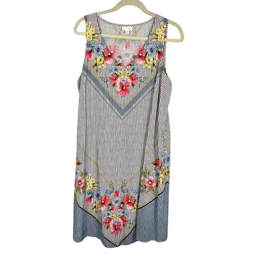 J Jill Floral Tank Dress Pink L Retro Striped Preppy Resort Classic Chic 90s
